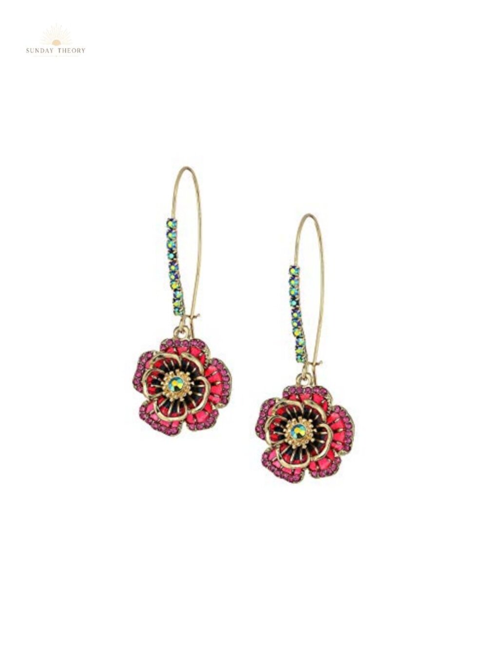 Betsey Johnson Rose Dangle Earrings Gold-Tone Metal Glass Enamel